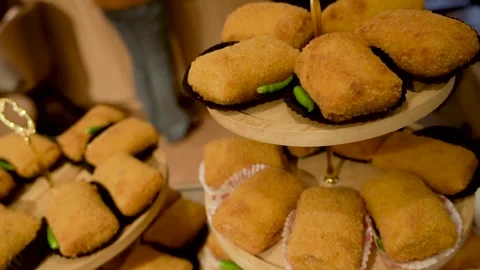 Crispy bread rolls filled with egg, bacon, and mayonnaise. Stock Footage 318791494