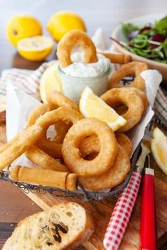 Crispy breaded calamari rings Stock Photos