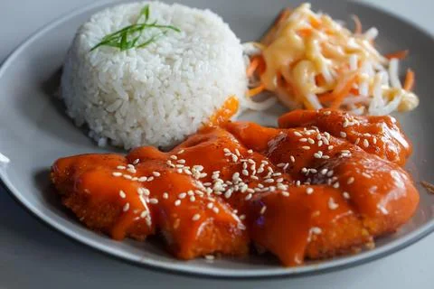 Crispy breaded chicken cutlet topped with creamy mentaiko sauce Foto stock