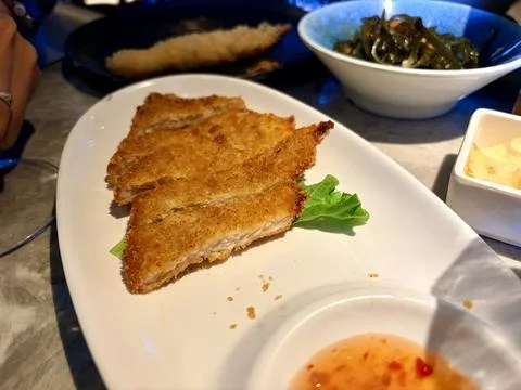 Crispy Breaded Pork Cutlet with Dipping Sauce on White Plate Fotos de archivo