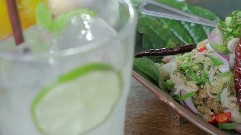 Crispy catfish salad with lemon grass and mint. Thai Food. Stock Footage 77442467