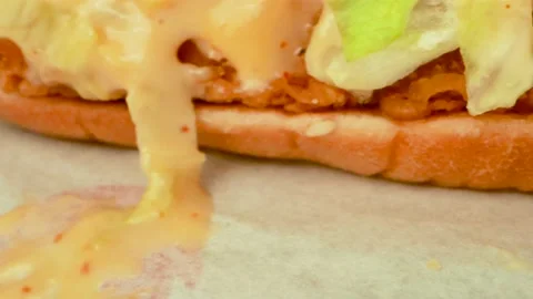 Crispy Chicken Burger Professional Shoot with Probe Lens Macro Close up Stock Footage 220903080
