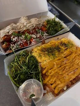 Crispy-chicken-rice-box-with-sauces-and-green-side-dish Stock Photos