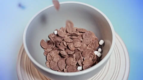 Crispy Chocolate Cereal Flakes with White Marshmallows Falling into a Bowl Stock-Footage 335895339