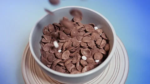 Crispy Chocolate Cereal Flakes with White Marshmallows Falling into a Bowl Vídeos de archivo 344687371