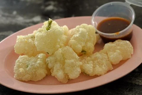 Crispy Cireng Fried Tapioca Starch Snack Served with Rujak Chili Dipping Sauc Stock Photos