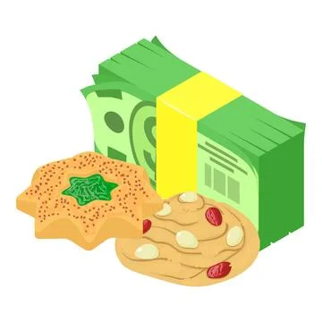 Crispy cookie icon isometric vector. Shortbread cookie and dollar banknote stack Stock Illustration