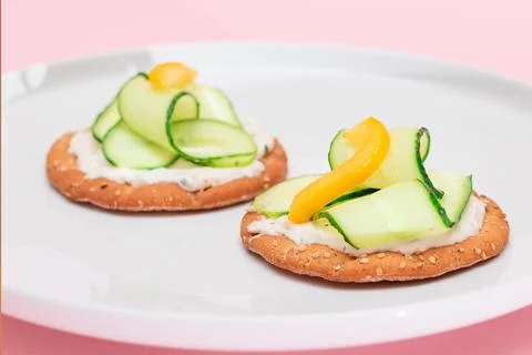 Crispy Cracker Sandwich with Fresh Cucumber, Yellow Paprika and Cottage Che.. Stock Photos