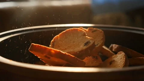 Crispy croutons in a bowl on the table. Close-up Stock Footage 144391937