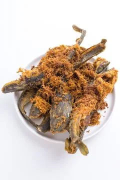 Crispy deep fried catfish with savory crunchy topping on white plate isolat.. Stock Photos