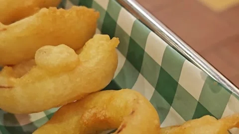 Crispy deep fried onion rings. Stock Footage 340201128