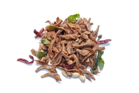 Crispy deep fried small fish on white background Stock Photos