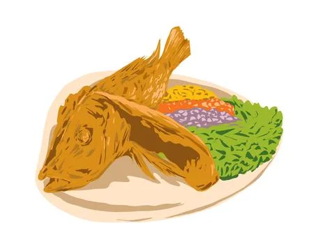 Crispy Deep Fried Whole Red Snapper Dish on Plate WPA Art Illustrazione stock