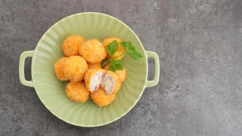 Crispy Fried Chicken Cordon Bleu Bites, Chicken fillet roll with ham and chee Stock Photos