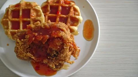 Crispy fried chicken with waffles and syrup on a plate Stock Photos