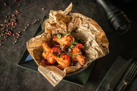 A crispy fried chicken wings served on decorative paper in a bowl Foto stock