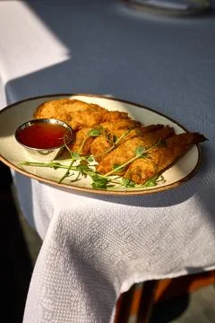 Crispy Fried Fish Fillets with Dipping Sauce Stock Photos