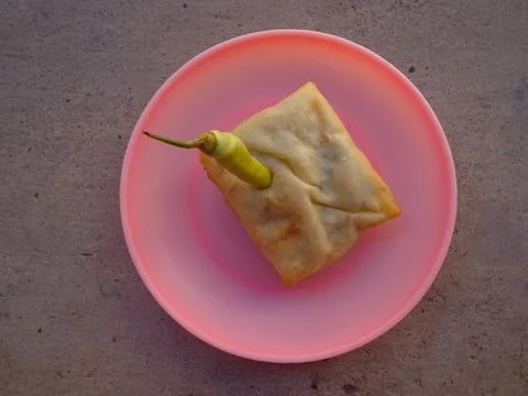 Crispy fried martabak stuffed with egg and spring onion Fotos de archivo