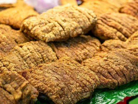 Crispy Fried Pork Rinds Texture Close Up Thai Street Food Snack Stock Photos
