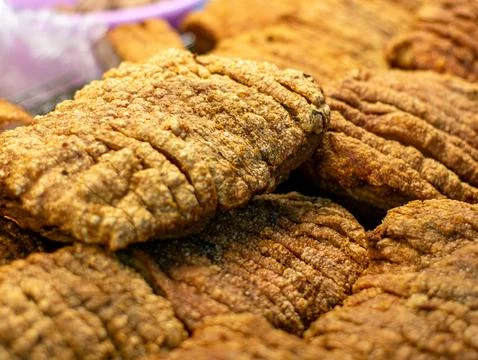 Crispy Fried Pork Rinds Texture Close Up Thai Street Food Snack Stock Photos