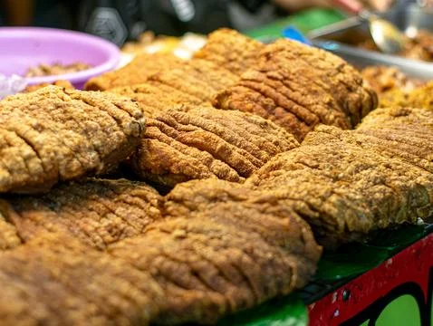 Crispy Fried Pork Rinds Texture Close Up Thai Street Food Snack Stock Photos