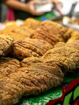 Crispy Fried Pork Rinds Texture Close Up Thai Street Food Snack Stock Photos