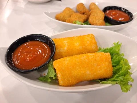 Crispy Fried Risoles Served with Chili Sauce Stock Photos