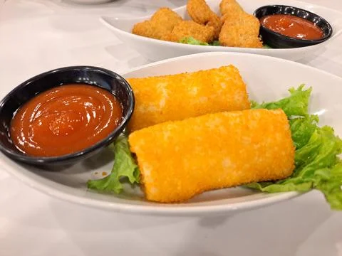 Crispy Fried Risoles Served with Chili Sauce Stock Photos