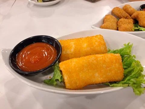 Crispy Fried Risoles Served with Chili Sauce Stock Photos