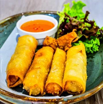 Crispy Fried Spring Rolls with Sauce for Premium Appetizer Food Object and .. Stock Photos