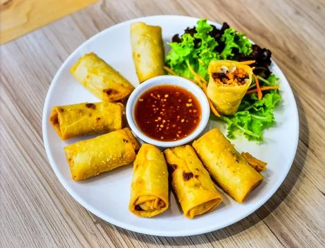 Crispy Fried Spring Rolls with Sauce for Premium Appetizer Food Object and .. Stock Photos