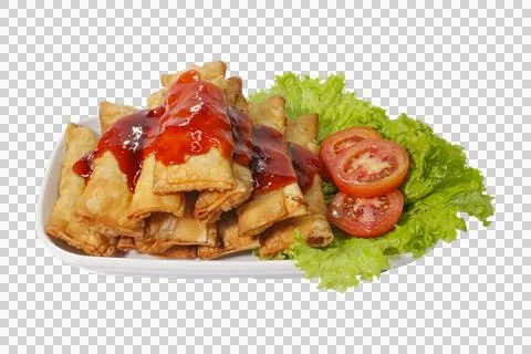 Crispy Fried Spring Rolls with Sweet Chili Sauce and Fresh Vegetables Stock Photos