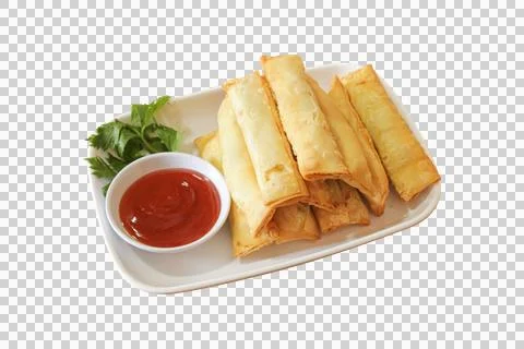 Crispy Fried Spring Rolls with Tomato Sauce on White Plate Stock Photos