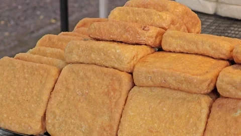 Crispy Fried Tofu. Soybean Block Tofu. Stock Footage 310931324
