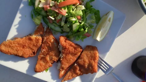 Crispy fried whiting fish platter with fresh salad and lemon on white plate Stock-Footage 333633601