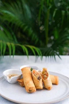 Crispy golden fried vegetable spring rolls with fresh ingredients served with Stock Photos