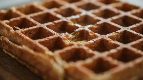 Crispy golden waffle with hexagonal pattern drizzled with liquid honey on a Stock Photos