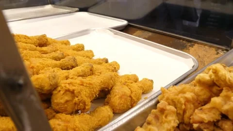 Crispy Korean Fried Chicken Drumsticks in Display Case Video stock 343026924