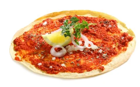Crispy lahmacun with tomato paste Stock Photos