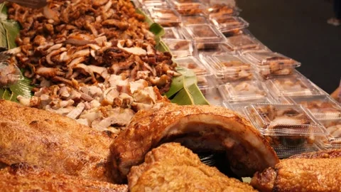Crispy pork and deep-fried pork, Asian street food Stock Footage 259160589