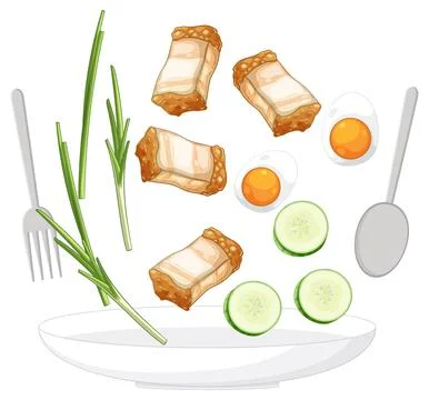 Crispy Pork Belly with Eggs and Fresh Vegetables Stock Illustration