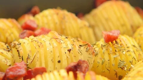 Crispy potato roast with bacon Stock Footage 70439937