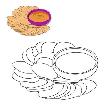 Crispy rice chips and a purple bowl of spicy peanut sauce. food snack coloring p Stock Illustration