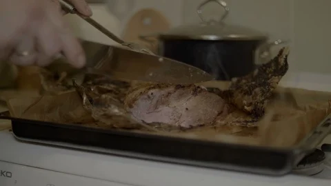 Crispy Roast Pork Belly. Slice Roast Pork Belly 4K Stock-Footage 86459886