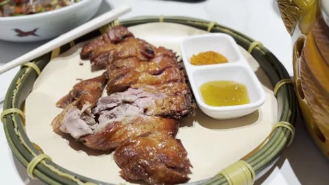 Crispy Roasted Duck with Soy Sauce Dip Stock Footage 343876124