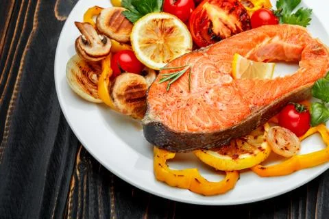 Crispy roasted salmon steak Stock Photos