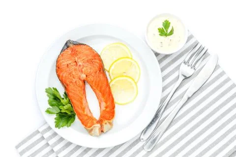 Crispy roasted salmon steak Stock Photos