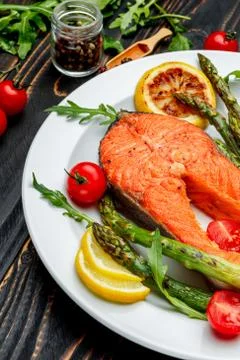 Crispy roasted salmon steak Stock Photos