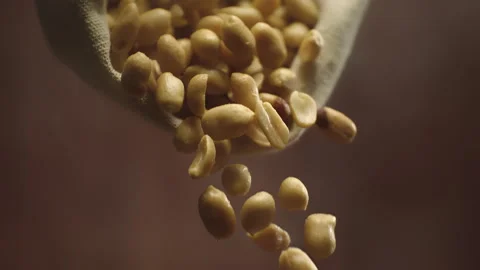 Crispy roasted salted peanuts falling in super slow motion close up. Hot Stock Footage 302255010