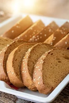 Crispy rusk, Biscuits cake rusk over wooden background , a crunchy snack in.. Foto stock